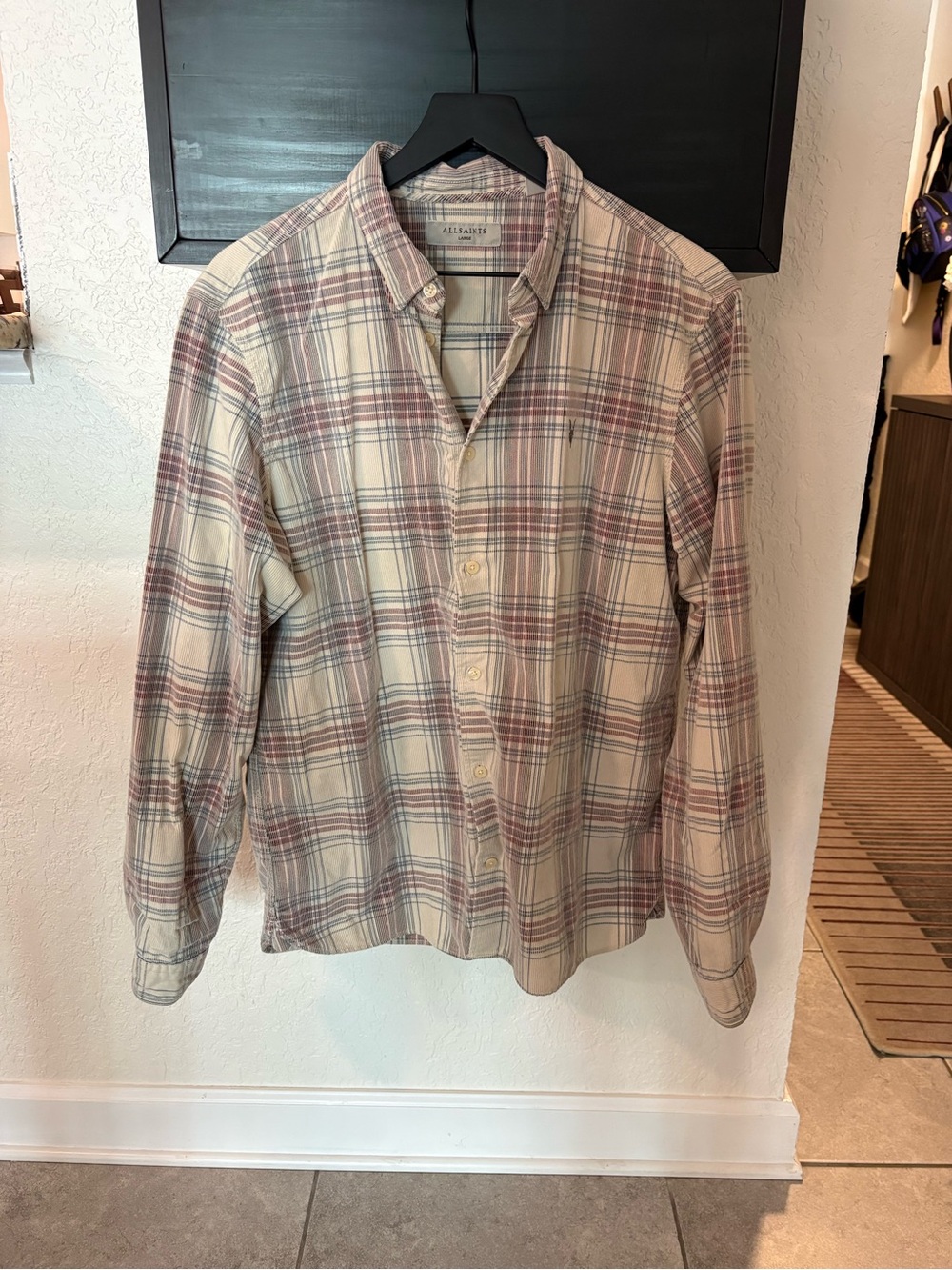All Saints Plaid Button-Down Shirt in Cream and Muted Red
